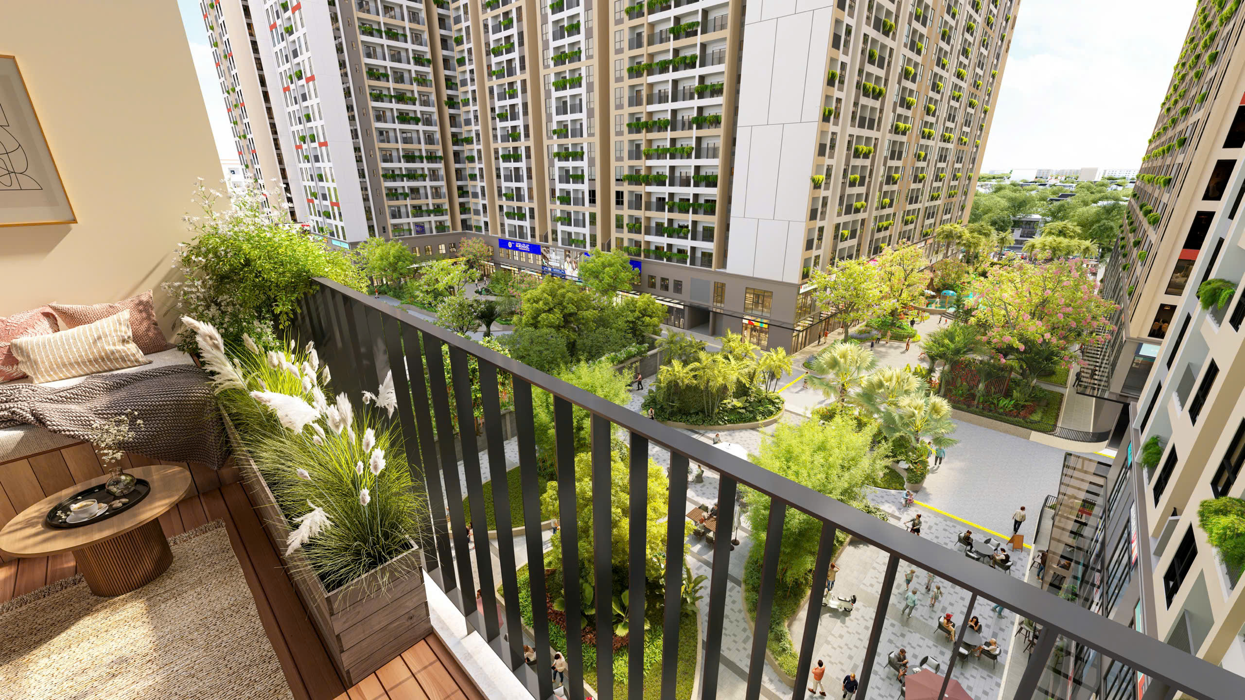 view từ ban công nhìn ra khuôn viên tiện ích dự án
